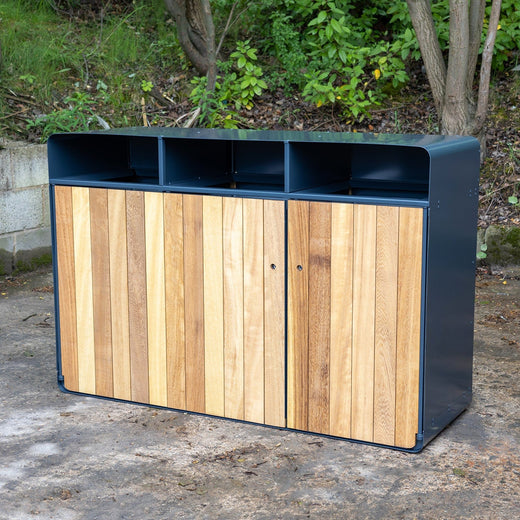 Iroko Wood Panel Triple Recycling Bin - 336 Litre
