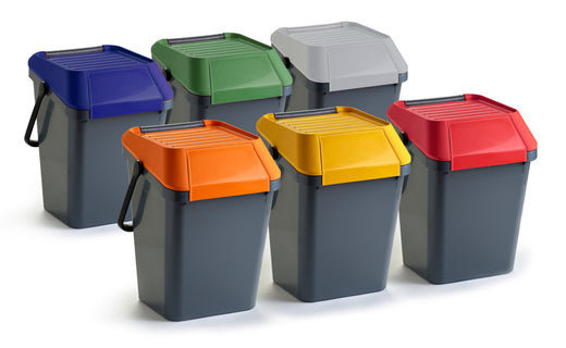 Six 45-litre stackable containers with different coloured lids