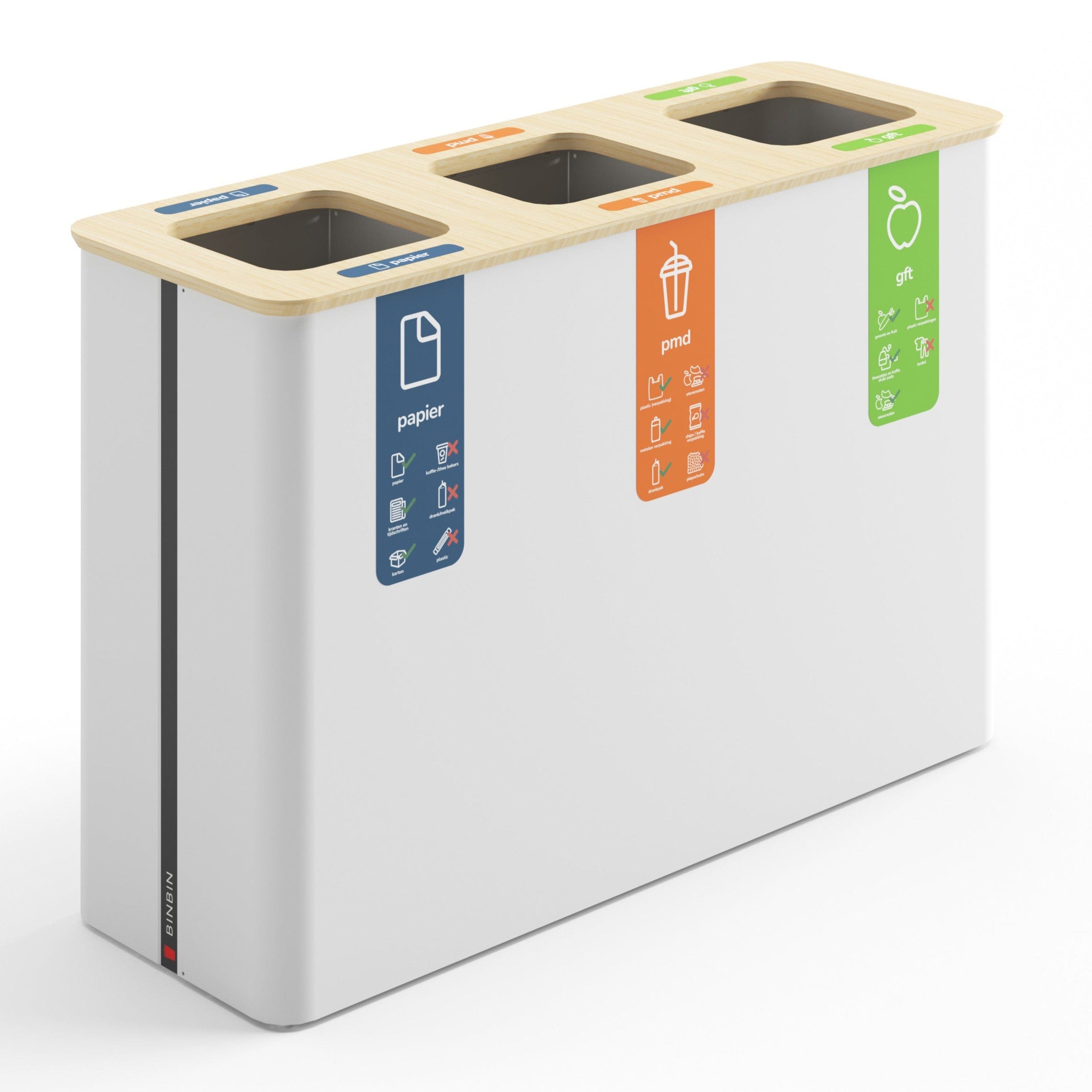 Recycling station with three labelled compartments for different waste streams