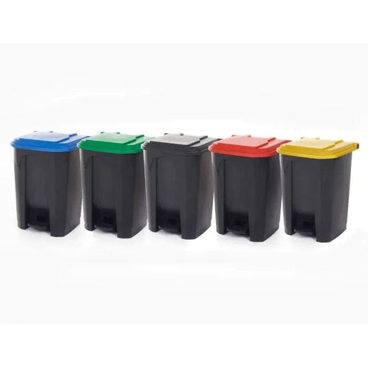 Five black pedal bins with coloured lids