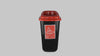 360 degree rotating video of an office bin with red lid and sticker for plastics.