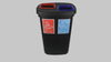 Rotating video view of dual office bin with red side for plastics and blue side for paper.