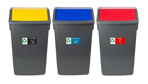 Set of 3 54 Litre Recycling Bins with Colour Coded Flip Top Lids and Stickers