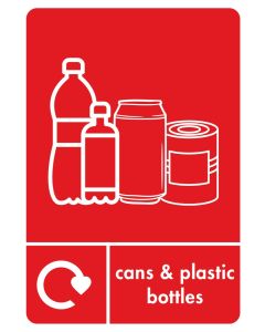 Cans and plastic bottles recycling sticker in red background