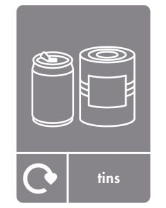 Grey sticker label for tin trash bins.